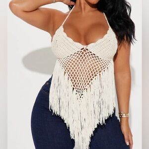 White Crochet Fringe Halter Top
